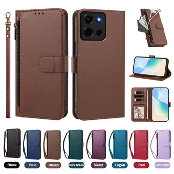 Saddle brown Motorola Moto G Play crossbody leather wallet case set displayed with wrist strap, zipper pocket, desktop kickstand, open card folio, and 8 color options