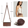 Saddle brown Motorola Moto G Play crossbody phone case showing adjustable 76cm to 142cm shoulder strap measurements and coiled lanyard strap⁠