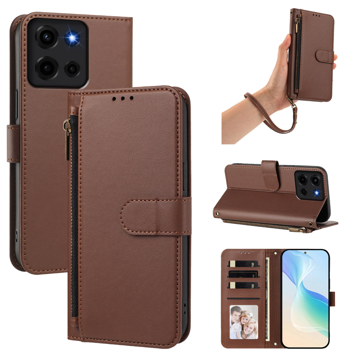 Saddle brown Motorola Moto G Play leather folio phone case set displaying camera module cutout, wrist lanyard, kickstand, and open card storage layout