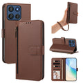 Saddle brown Motorola Moto G Power 5G leather folio phone case set displaying camera module cutout, wrist lanyard, kickstand, and open card storage layout