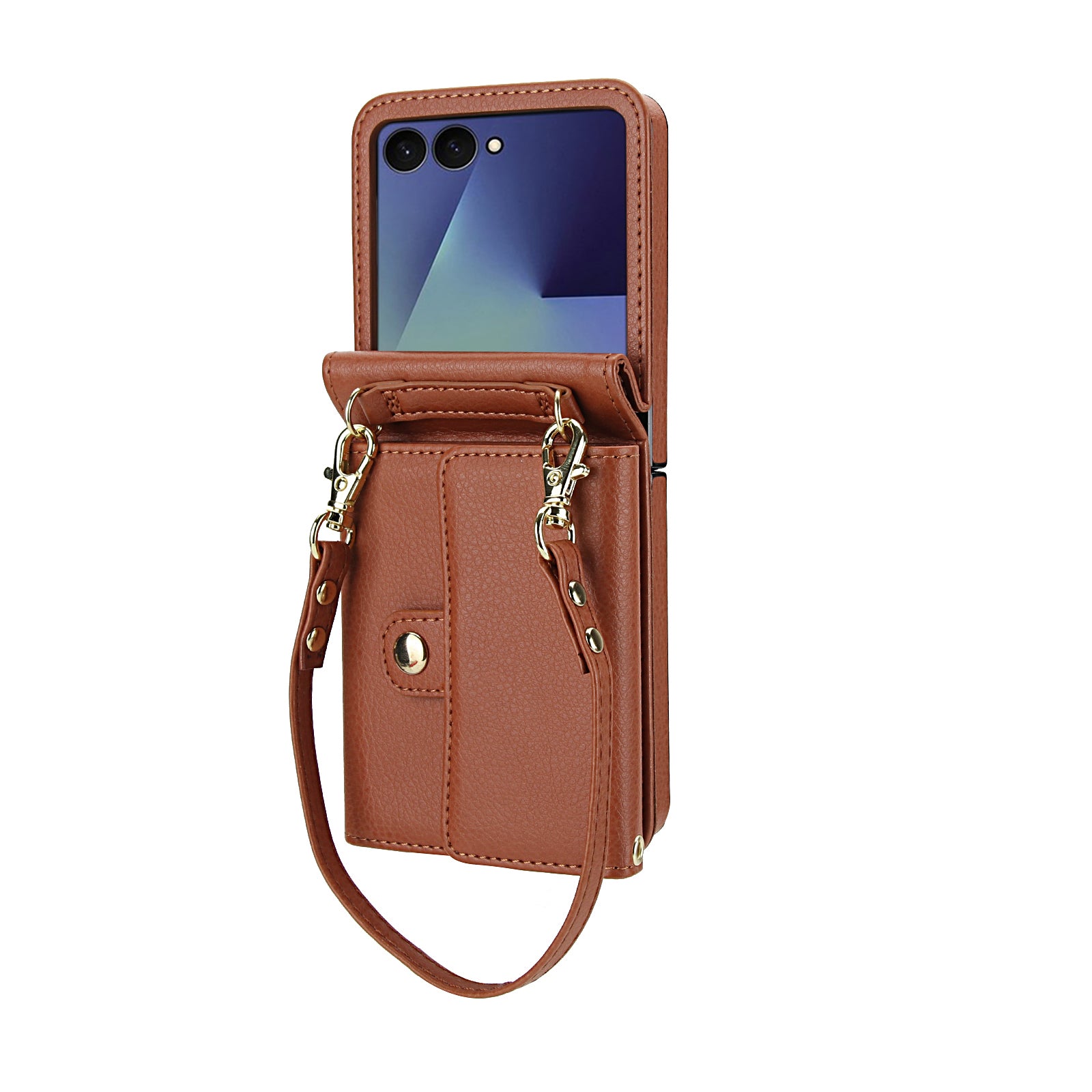 Saddle brown leather crossbody wallet case with wristlet strap for Samsung Galaxy Z Flip.