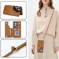 Saddle brown leather crossbody wallet phone case for Samsung Galaxy worn by model showcasing kickstand mode, card slots, and strap detail