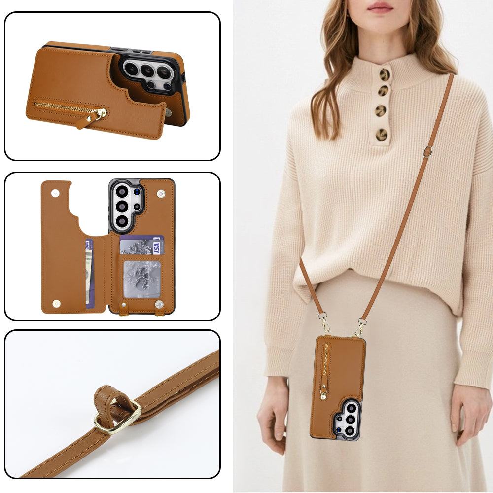 Saddle brown leather crossbody wallet phone case for Samsung Galaxy worn by model showcasing kickstand mode, card slots, and strap detail