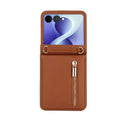 Saddle brown leather protective zipper wallet cover with lanyard rings for Samsung Galaxy Z Flip series.⁠
