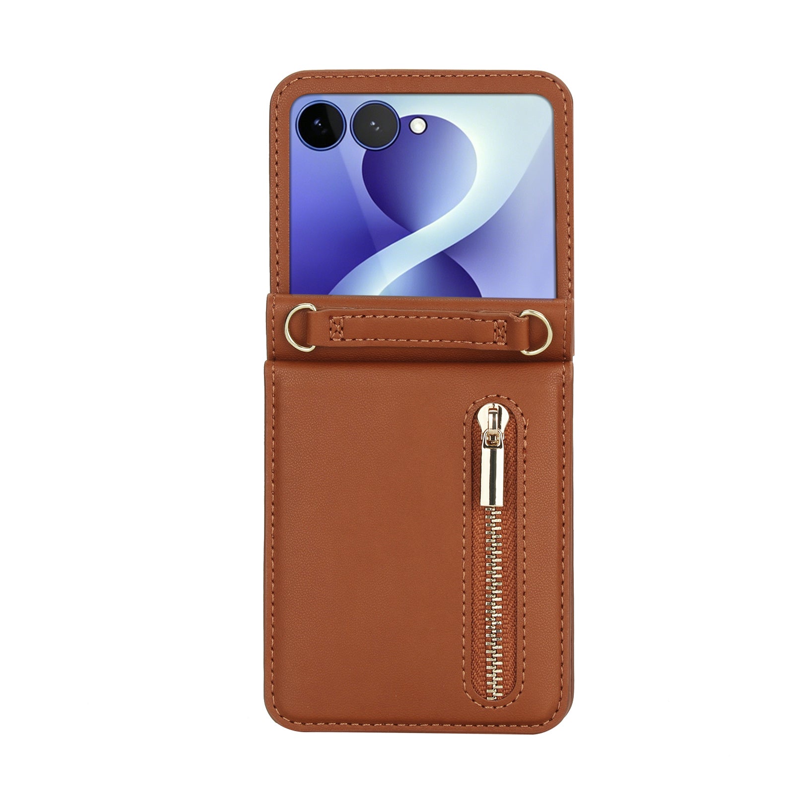 Saddle brown leather protective zipper wallet cover with lanyard rings for Samsung Galaxy Z Flip series.⁠