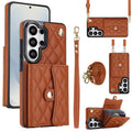 Saddle brown quilted leather Samsung Galaxy phone wallet case with detachable crossbody lanyard strap wristlet and back accordion card slots