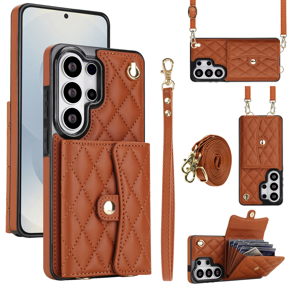 Saddle brown quilted leather Samsung Galaxy phone wallet case with detachable crossbody lanyard strap wristlet and back accordion card slots