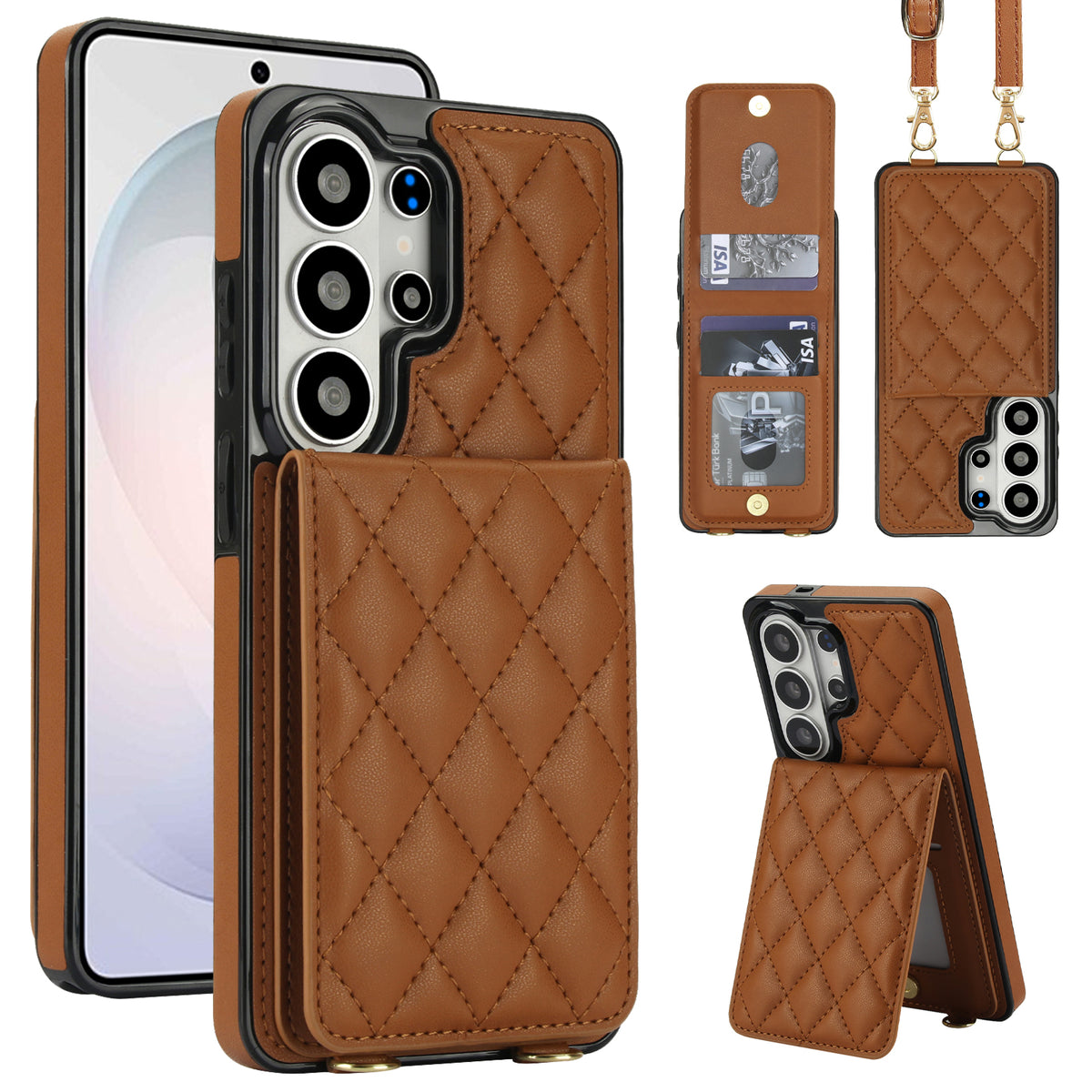 Saddle brown quilted leather phone wallet case for Samsung Galaxy with built-in card holder kickstand and crossbody strap loops