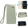 Sage green dual-tone leather wallet case feature diagram showing the open interior with card slots and vanity mirror, folded desktop kickstand, and wristlet strap attachment.