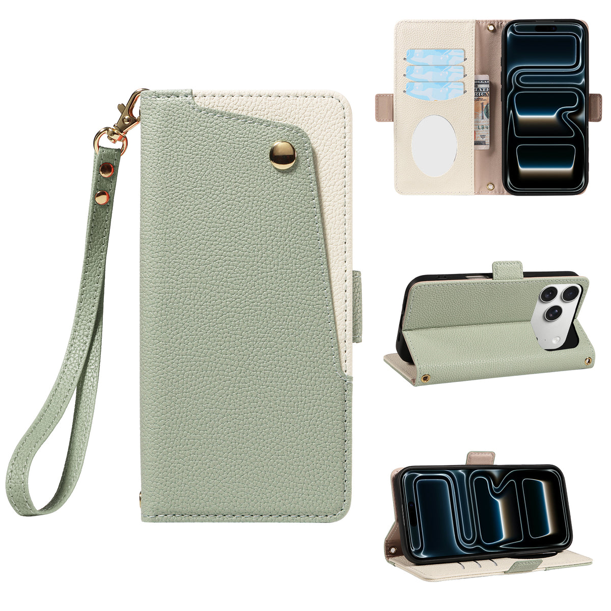 Sage green dual-tone leather wallet case feature diagram showing the open interior with card slots and vanity mirror, folded desktop kickstand, and wristlet strap attachment.
