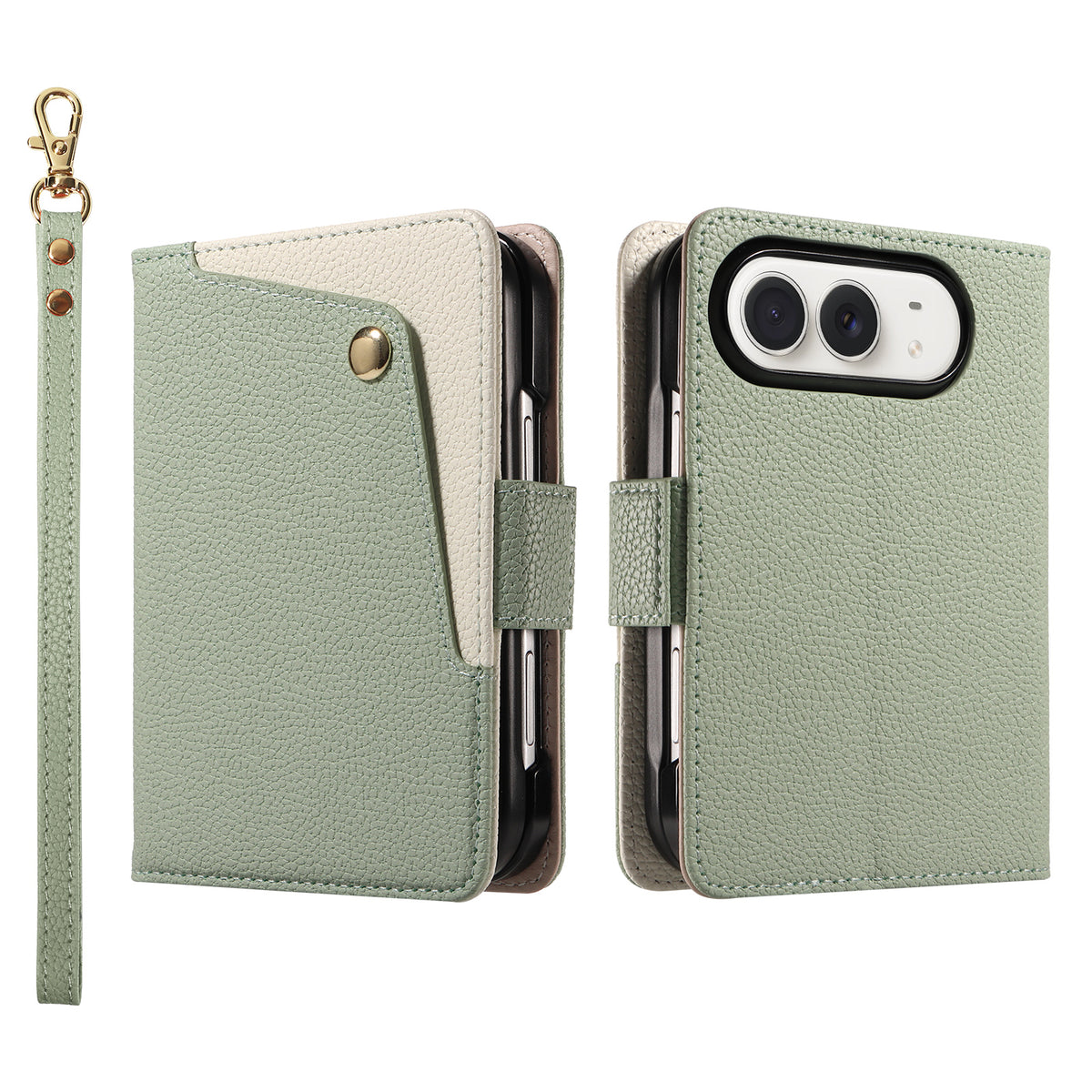 Sage green dual-tone leather wallet case for iPhone DUO displaying the front cover with a brass snap button card flap, back camera cutout, and wristlet strap.