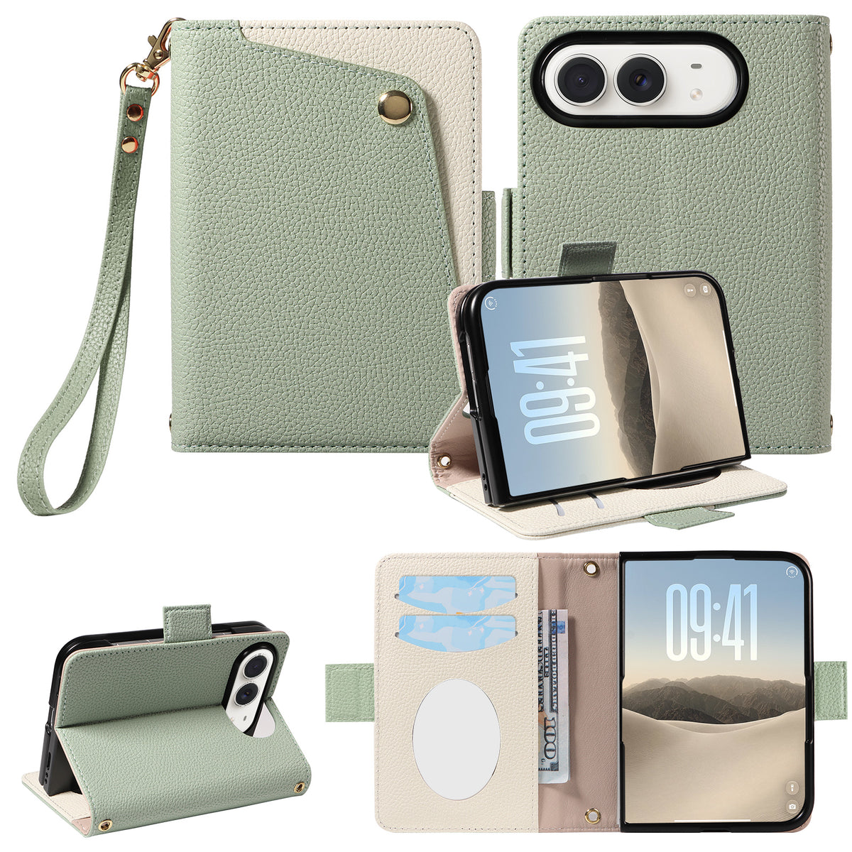 Sage green dual-tone leather wallet case for iPhone DUO showcasing wristlet strap attachment, folded back kickstand mode, camera cutout, and open card slots.