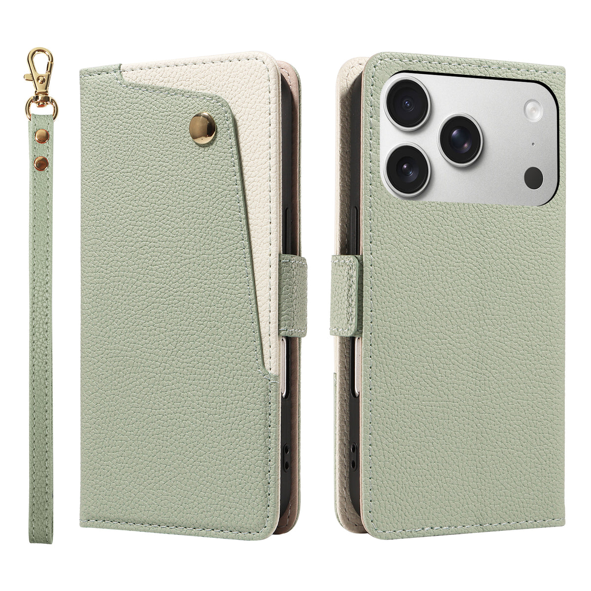 Sage green dual-tone leather wallet case for iPhone showing the front angled snap card pocket, camera cutout, and matching wristlet lanyard.