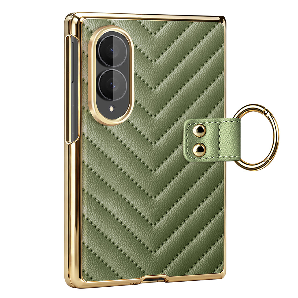 Sage green luxury chevron quilted leather case for Samsung Galaxy Z Fold 8 with electroplated gold ring holder