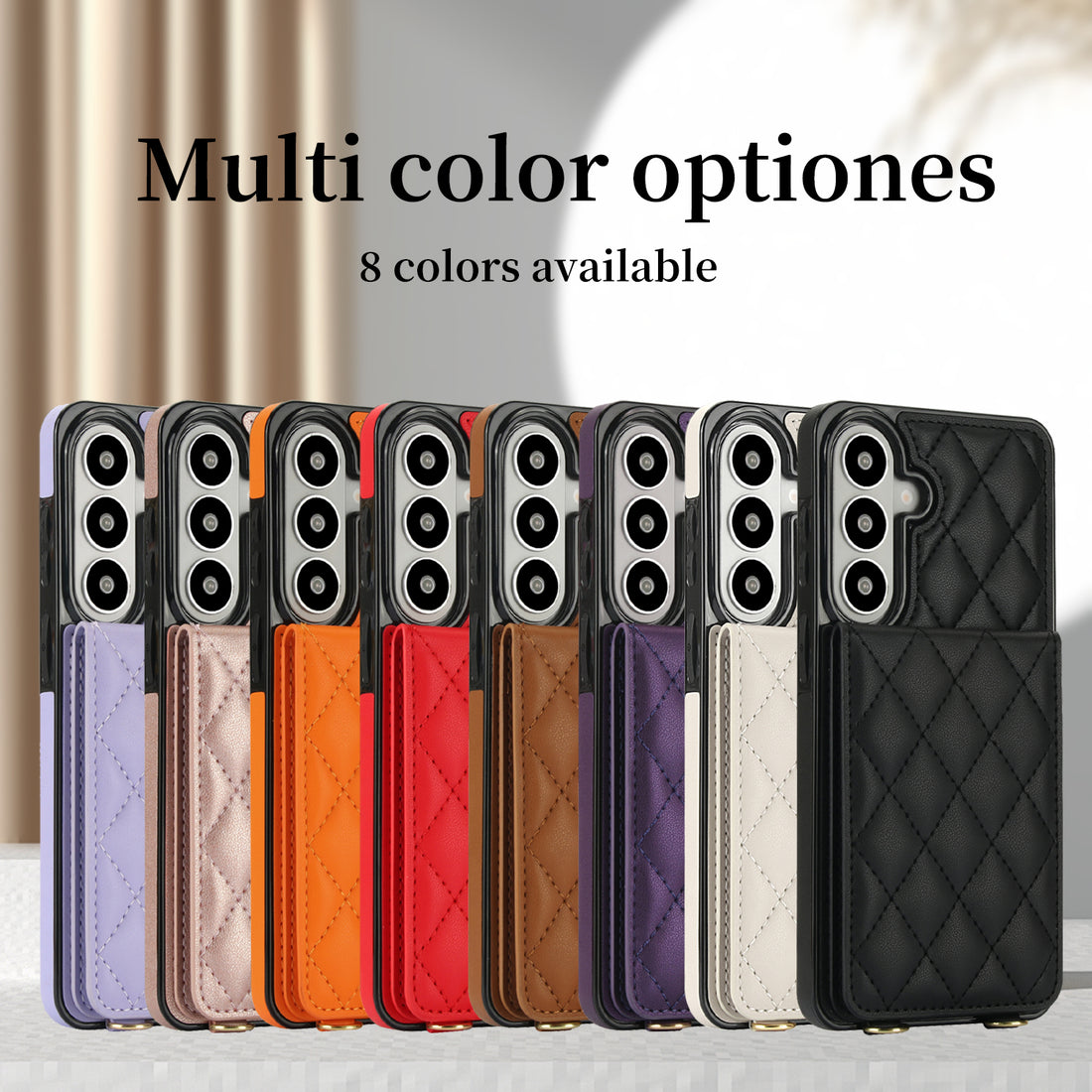 Samsung Galaxy A-Series quilted leather wallet cases lined up displaying rear triple-camera cutouts in 8 colors including Lavender, Rose Gold, Orange, Red, Brown, Purple, Cream, and Black.