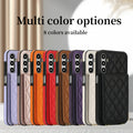 Samsung Galaxy A-Series quilted leather wallet cases lined up displaying rear triple-camera cutouts in 8 colors including Lavender, Rose Gold, Orange, Red, Brown, Purple, Cream, and Black.