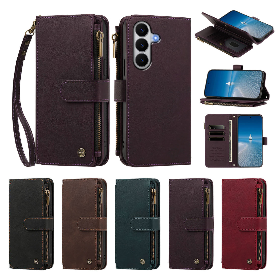 Samsung Galaxy A27 5G leather wallet case lineup in black brown dark green purple and crimson red showing camera cutouts and kickstand