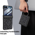 Samsung Galaxy Z Flip black glitter case folded and carried via built-in ring finger grip for easy hold.