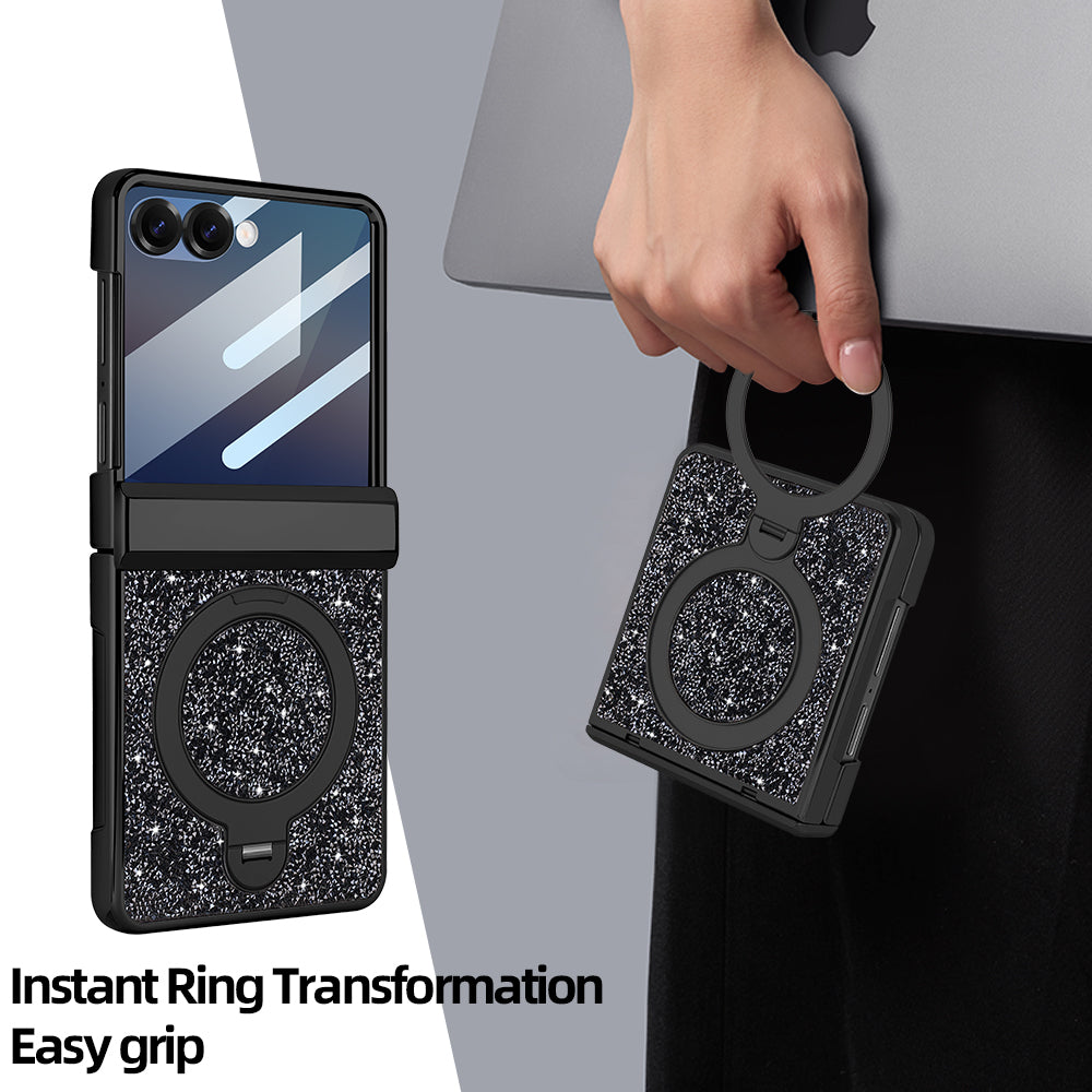 Samsung Galaxy Z Flip black glitter case folded and carried via built-in ring finger grip for easy hold.