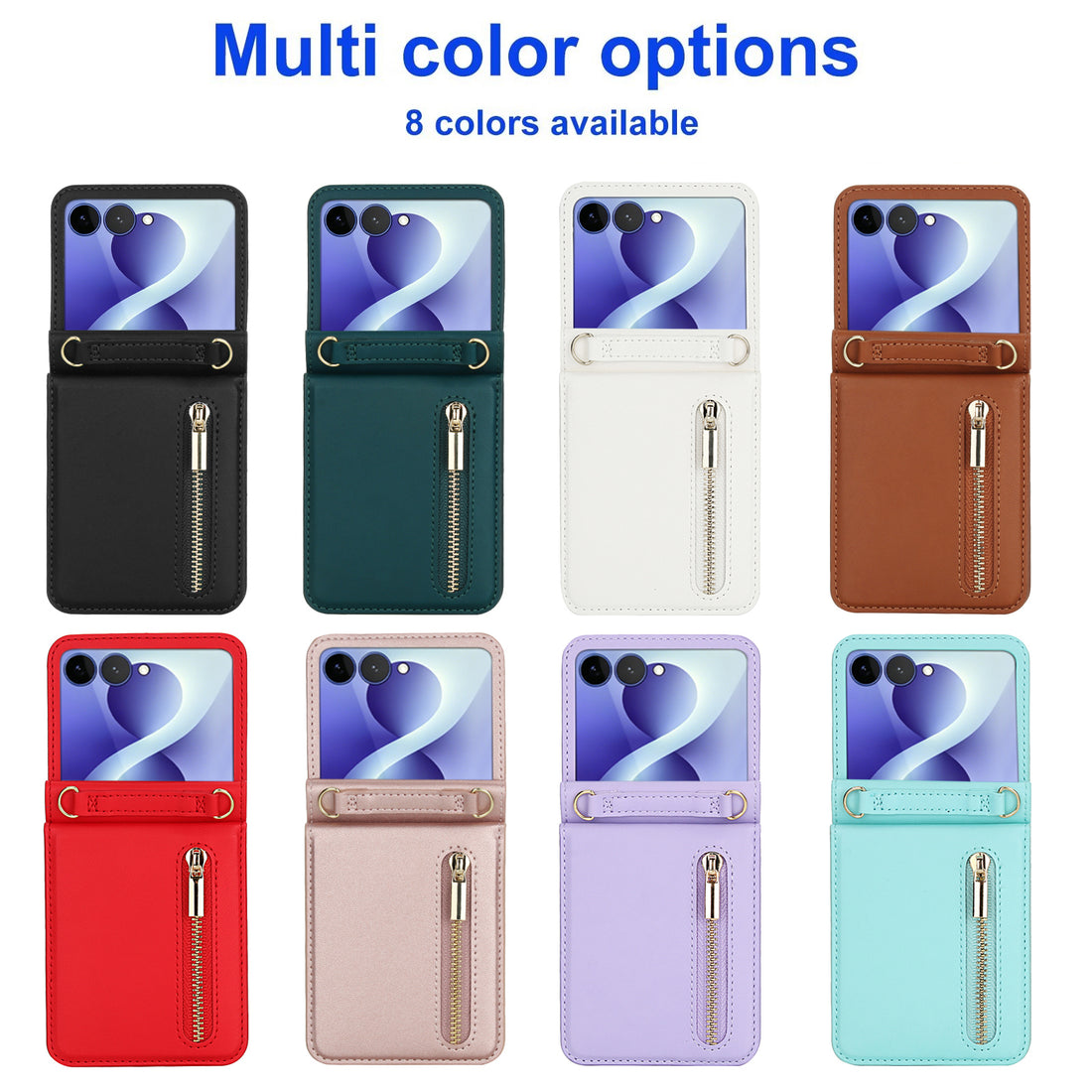 Samsung Galaxy Z Flip crossbody zipper wallet cases shown in 8 color options including black, brown, red, and purple.