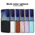 Samsung Galaxy Z Flip quilted leather case shown in six color options including black, brown, white, pink, purple, and mint green with scarf chain straps