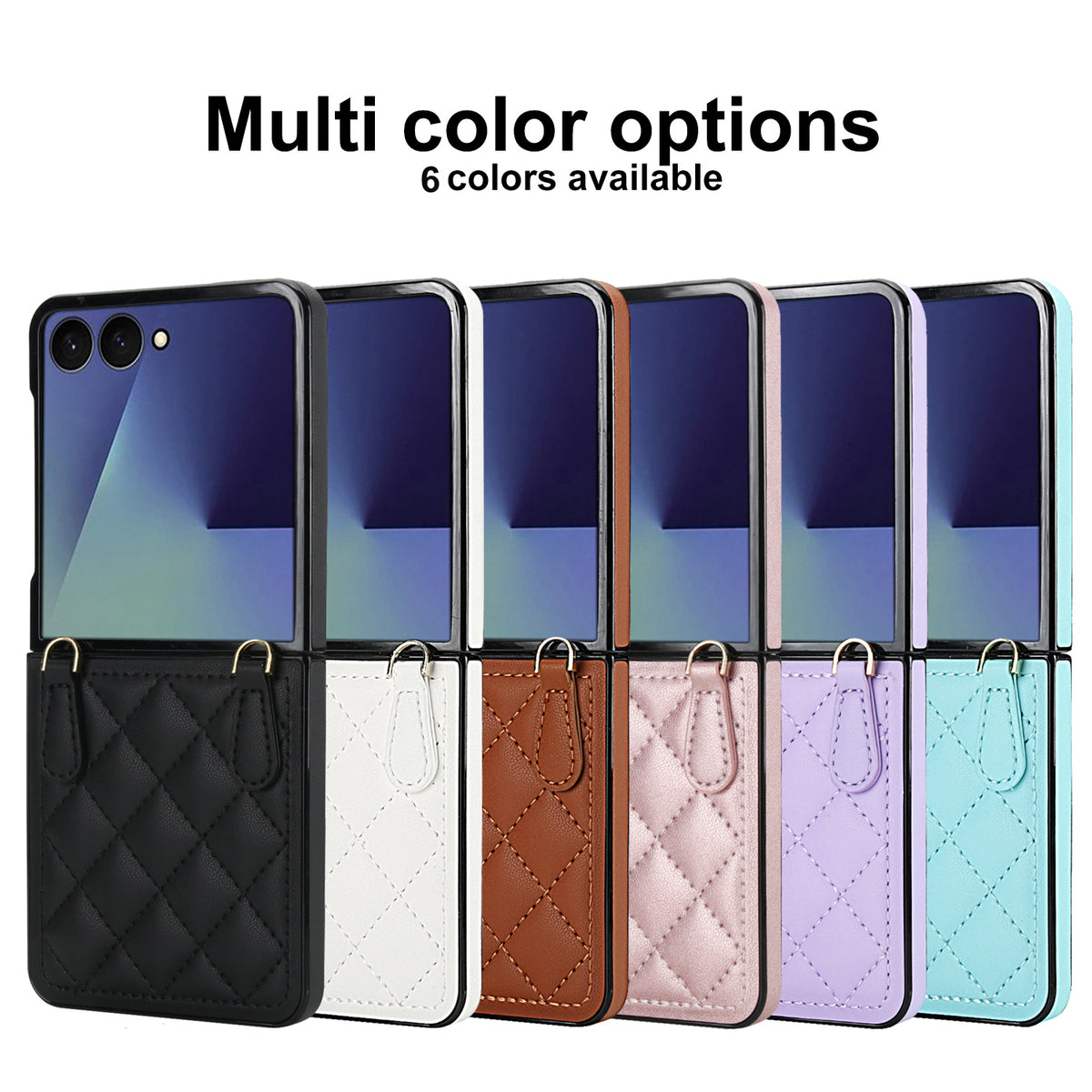 Samsung Galaxy Z Flip quilted leather case shown in six color options including black, brown, white, pink, purple, and mint green with scarf chain straps