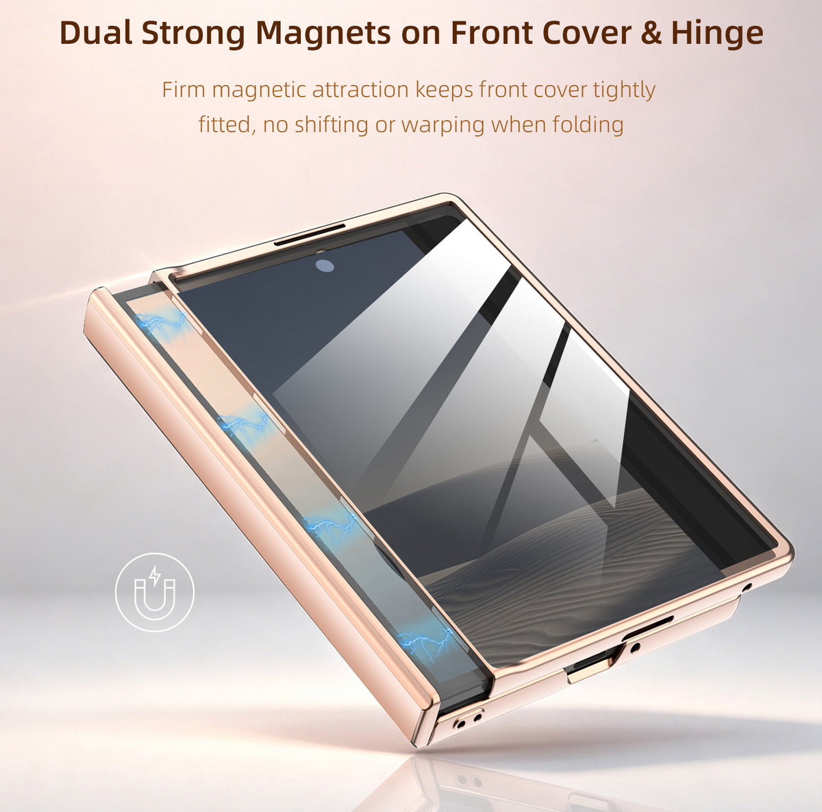 Samsung Galaxy Z Fold 8 luxury case with dual strong magnetic front cover and magnetic hinge protection shown in folded position.