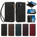 Samsung Galaxy leather wallet case shown in 5 colors (Black, Brown, Green, Purple, Red) with kickstand mode demo