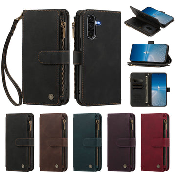 Samsung Galaxy leather wallet case shown in 5 colors (Black, Brown, Green, Purple, Red) with kickstand mode demo