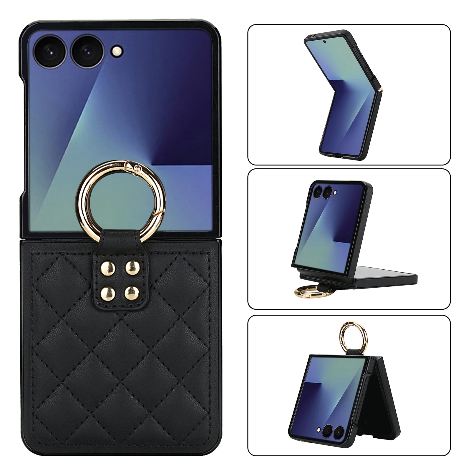 Samsung Galaxy Z Flip 8 quilted leather case in Black with gold ring kickstand – 180° folding design