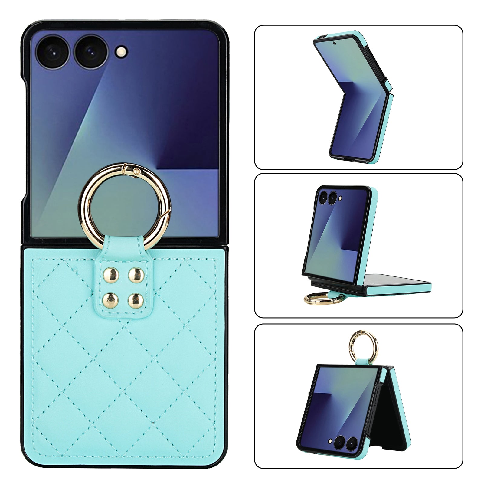 Samsung Galaxy Z Flip 8 quilted leather case in Blue with gold ring kickstand – 180° folding design