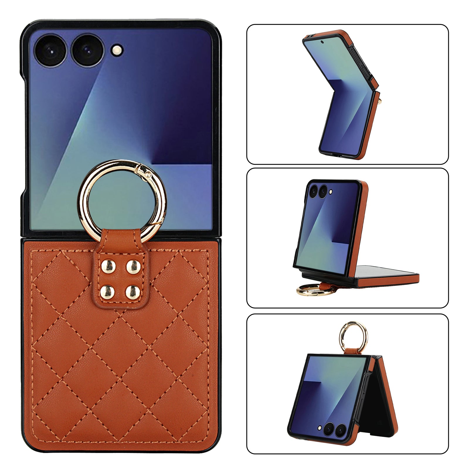 Samsung Galaxy Z Flip 8 quilted leather case in Brown with gold ring kickstand – 180° folding design