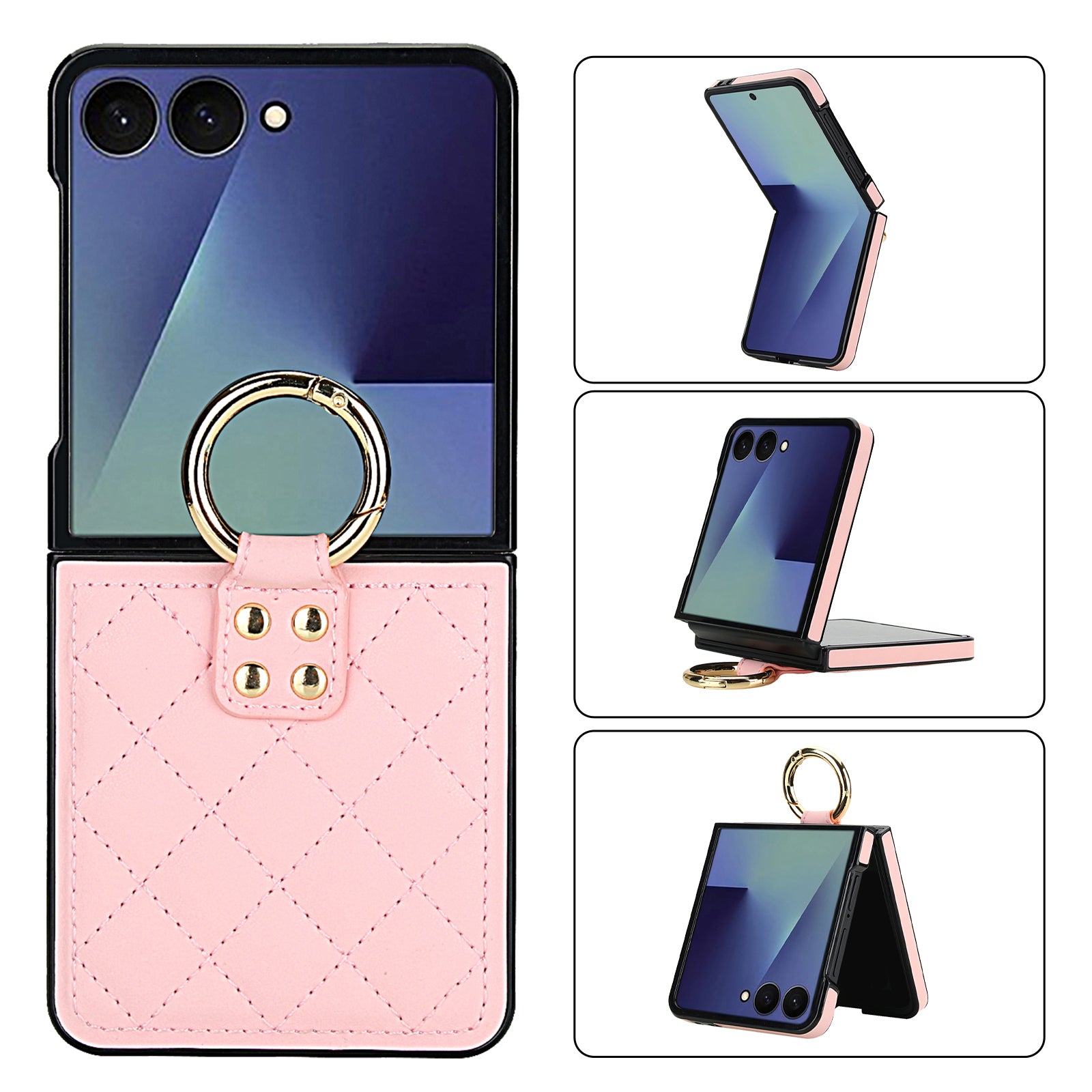 Samsung Galaxy Z Flip 8 quilted leather case in Pink with gold ring kickstand – 180° folding design