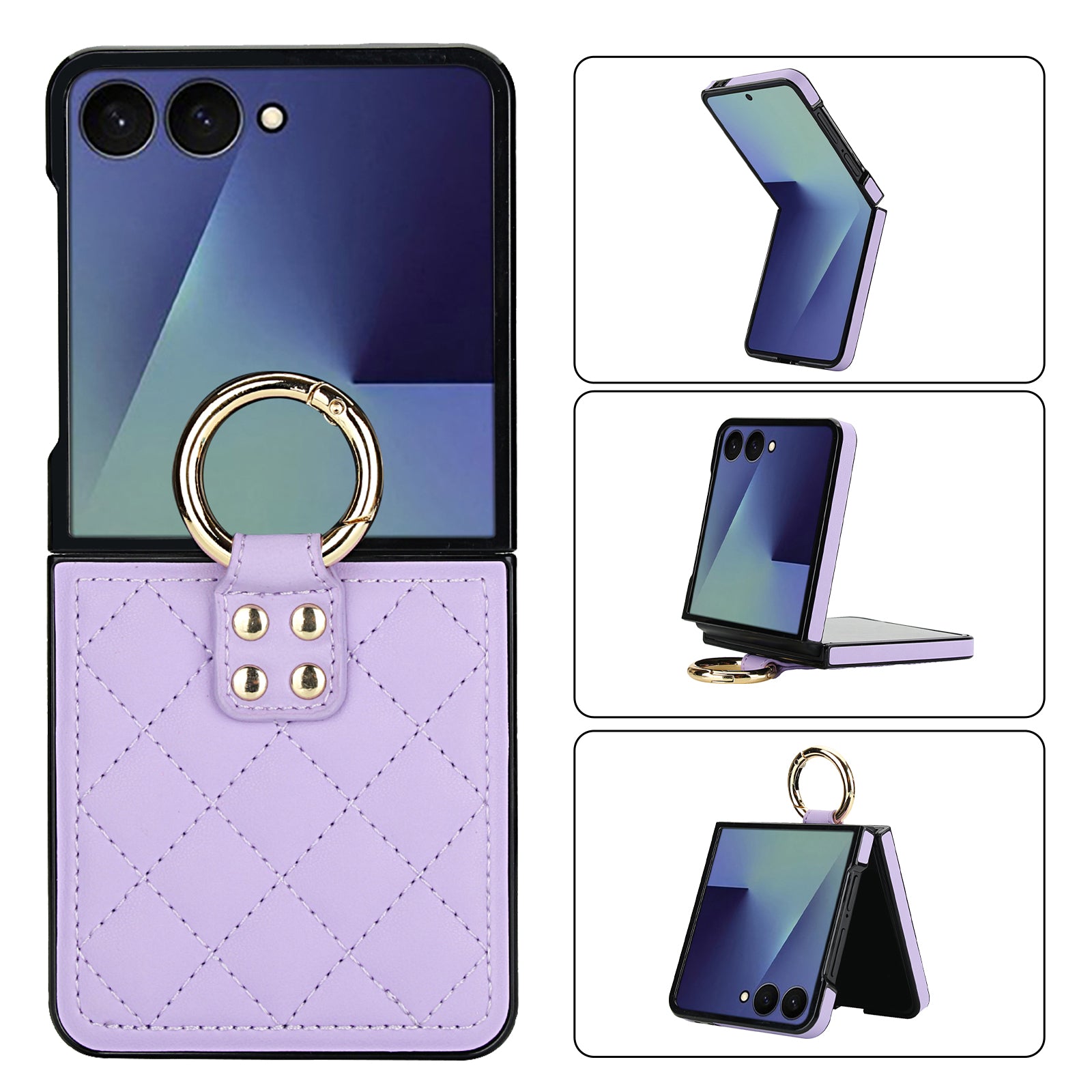 Samsung Galaxy Z Flip 8 quilted leather case in Purple with gold ring kickstand – 180° folding design