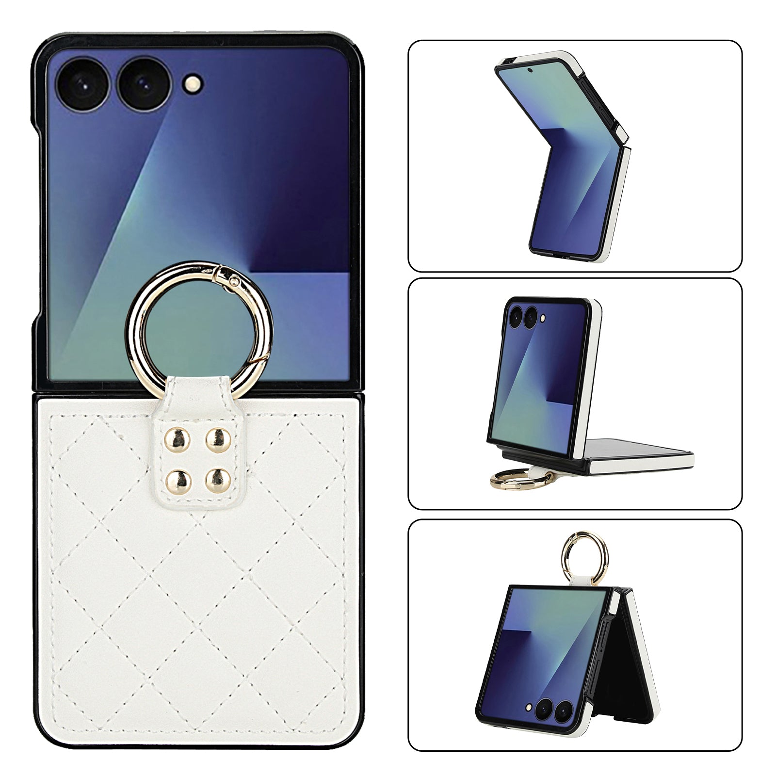 Samsung Galaxy Z Flip 8 quilted leather case in White with gold ring kickstand – 180° folding design