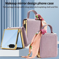 Samsung Galaxy Z Flip luxury leather handbag cases in purple with built-in makeup mirror and electroplated frame