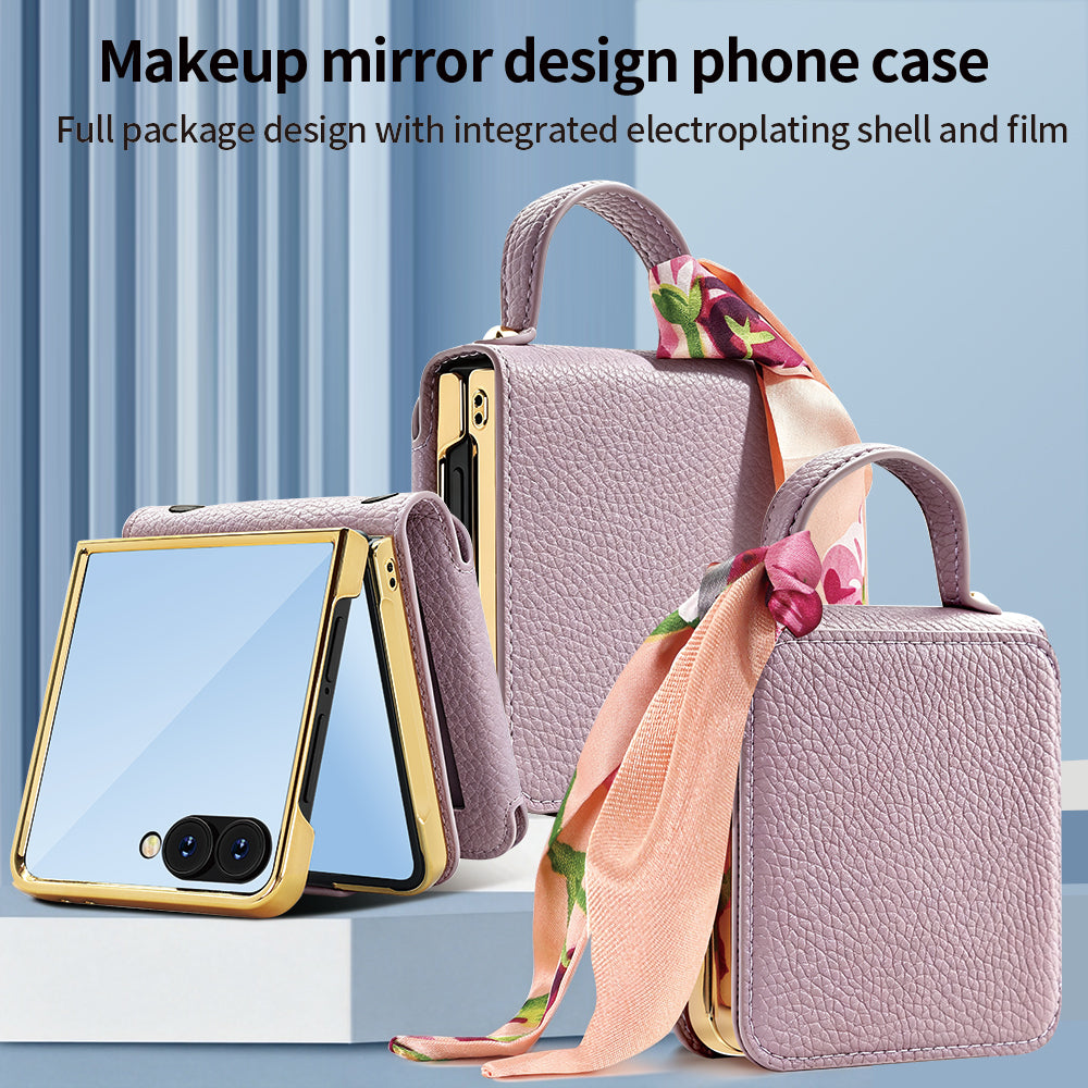 Samsung Galaxy Z Flip luxury leather handbag cases in purple with built-in makeup mirror and electroplated frame