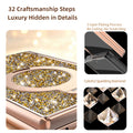 Samsung Galaxy Z Fold 8 glitter case close-up showing the sparkling back panel, metal ring holder, and electroplated frame.
