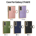 Samsung Galaxy Z Fold 8 luxury quilted leather case color options including Pink, Purple, Green, Blue, and Black with gold electroplated ring holder