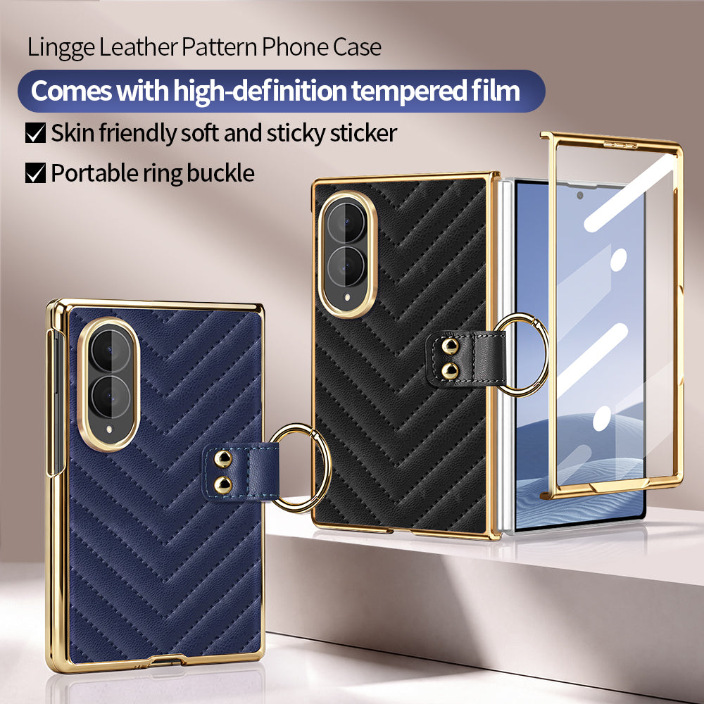 Samsung Galaxy Z Fold 8 luxury quilted leather cases in black and navy blue with gold electroplated trim and ring buckle