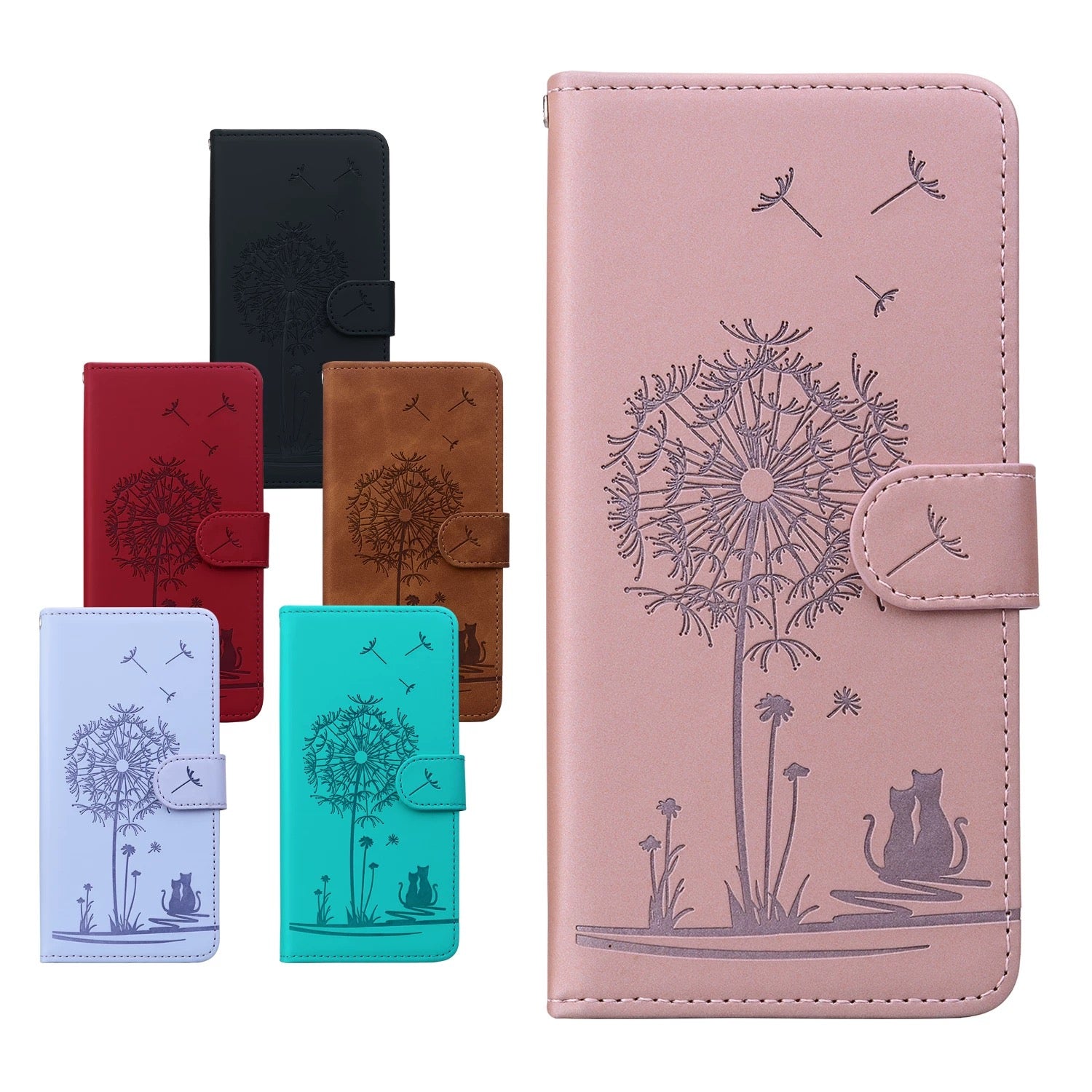 Set of phone cases with dandelion design and cat illustration, available in various colors.