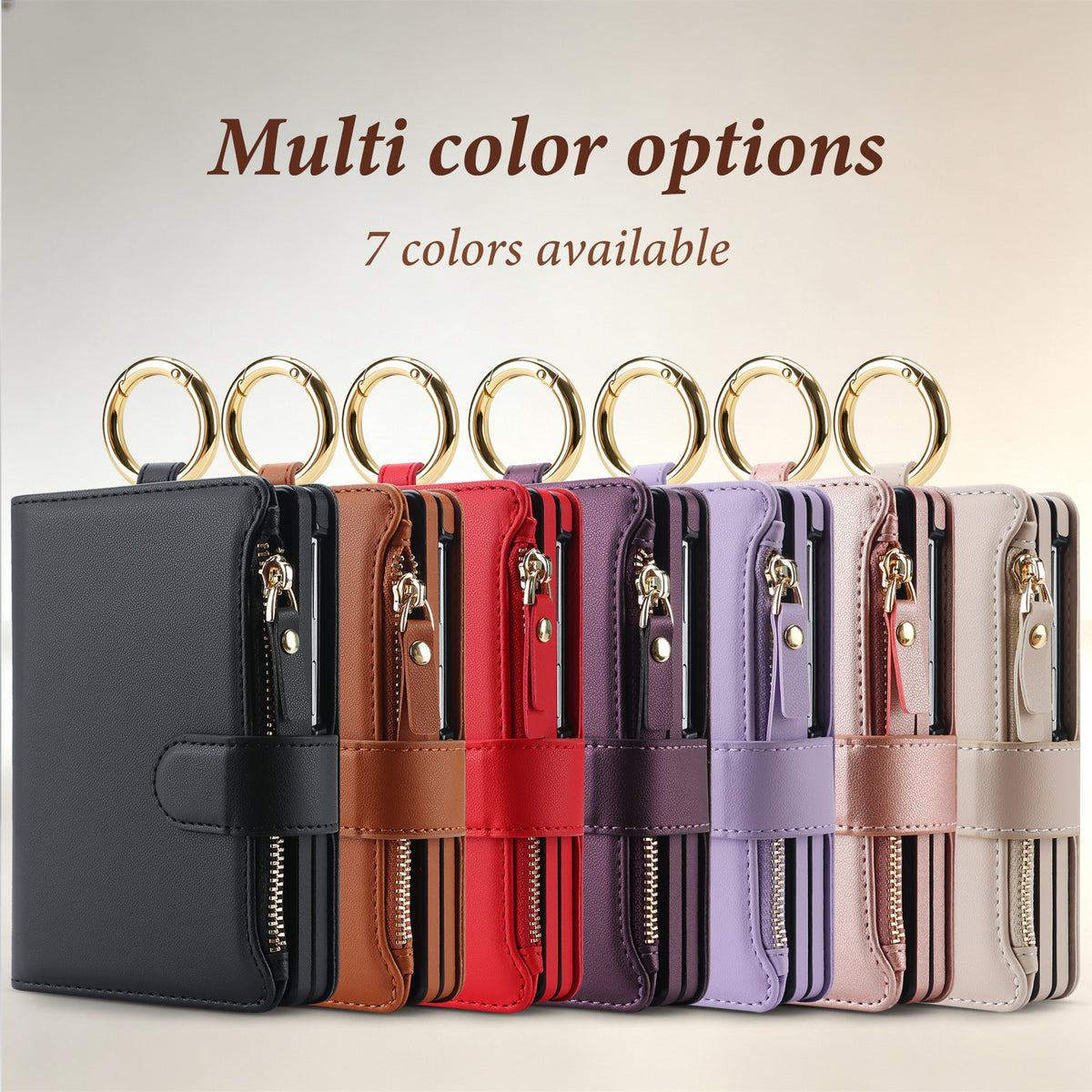 Seven color options for Samsung Galaxy Z Fold 8 leather crossbody wallet cases lined up including black, brown, red, dark purple, light purple, rose pink, and cream white.