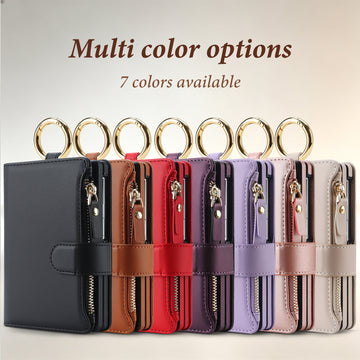 Seven color options for Samsung Galaxy Z Fold 8 leather crossbody wallet cases lined up including black, brown, red, dark purple, light purple, rose pink, and cream white.