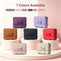 Seven color options of Samsung Galaxy Z Flip bow wallet case display on podiums including Dark Purple, Purple, Brown, Black, Red, Rose Gold, and Apricot