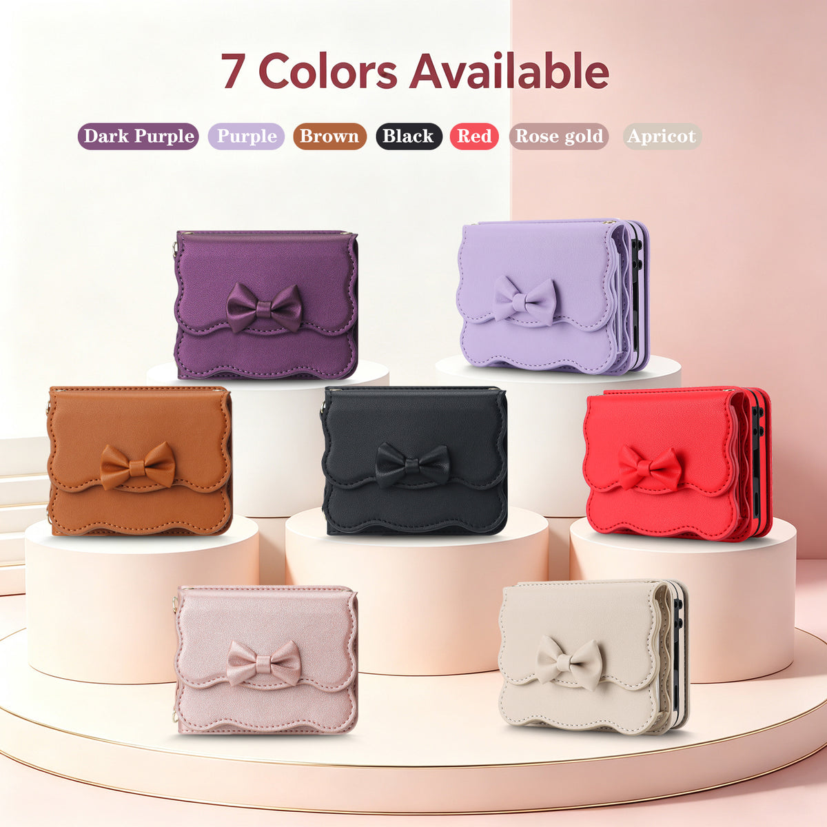 Seven color options of Samsung Galaxy Z Flip bow wallet case display on podiums including Dark Purple, Purple, Brown, Black, Red, Rose Gold, and Apricot