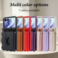Side-by-side display of Samsung Galaxy Z Flip crossbody leather wallet cases lined up in 7 available colors