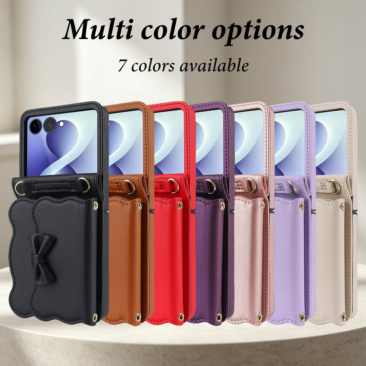 Side-by-side display of Samsung Galaxy Z Flip crossbody leather wallet cases lined up in 7 available colors