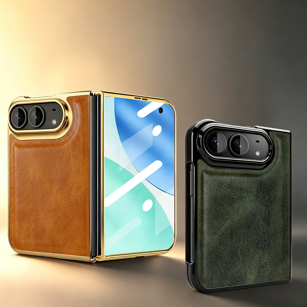 Side-by-side view of unfolded tan leather iPhone DUO case and folded dark green leather case