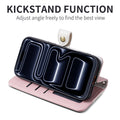 Side view of the leather phone case folded into a hands-free kickstand for viewing.