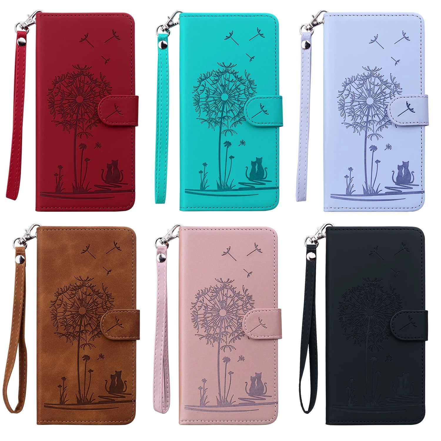 Six phone cases with dandelion design in various colors and styles.